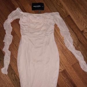 prettylittlething off the shoulder bodycon dress.